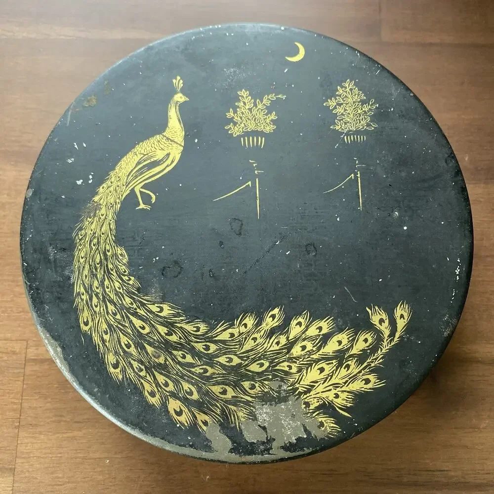 Vintage 1920-30s Round Tindeco Metal Tin Gold Peacock on Black 6” - Picture 1 of 14